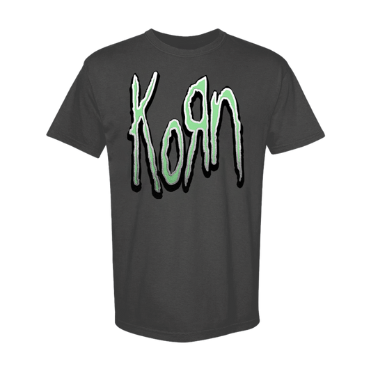 Vintage black unisex t-shirt with a neon green Korn logo printed on the front