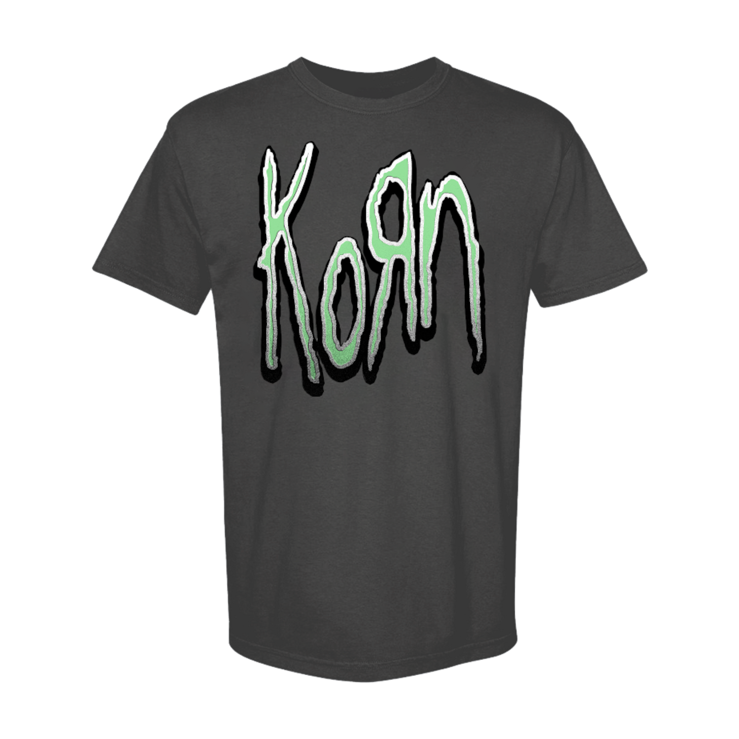 Vintage black unisex t-shirt with a neon green Korn logo printed on the front